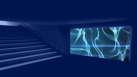 Animation-of-screensavers-on-screen-in-navy-space-with-stairs