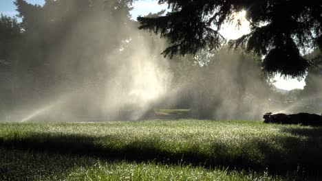 Sonnenaufgang-Durch-Sprinkler-In-Den-Vororten---Schwenken