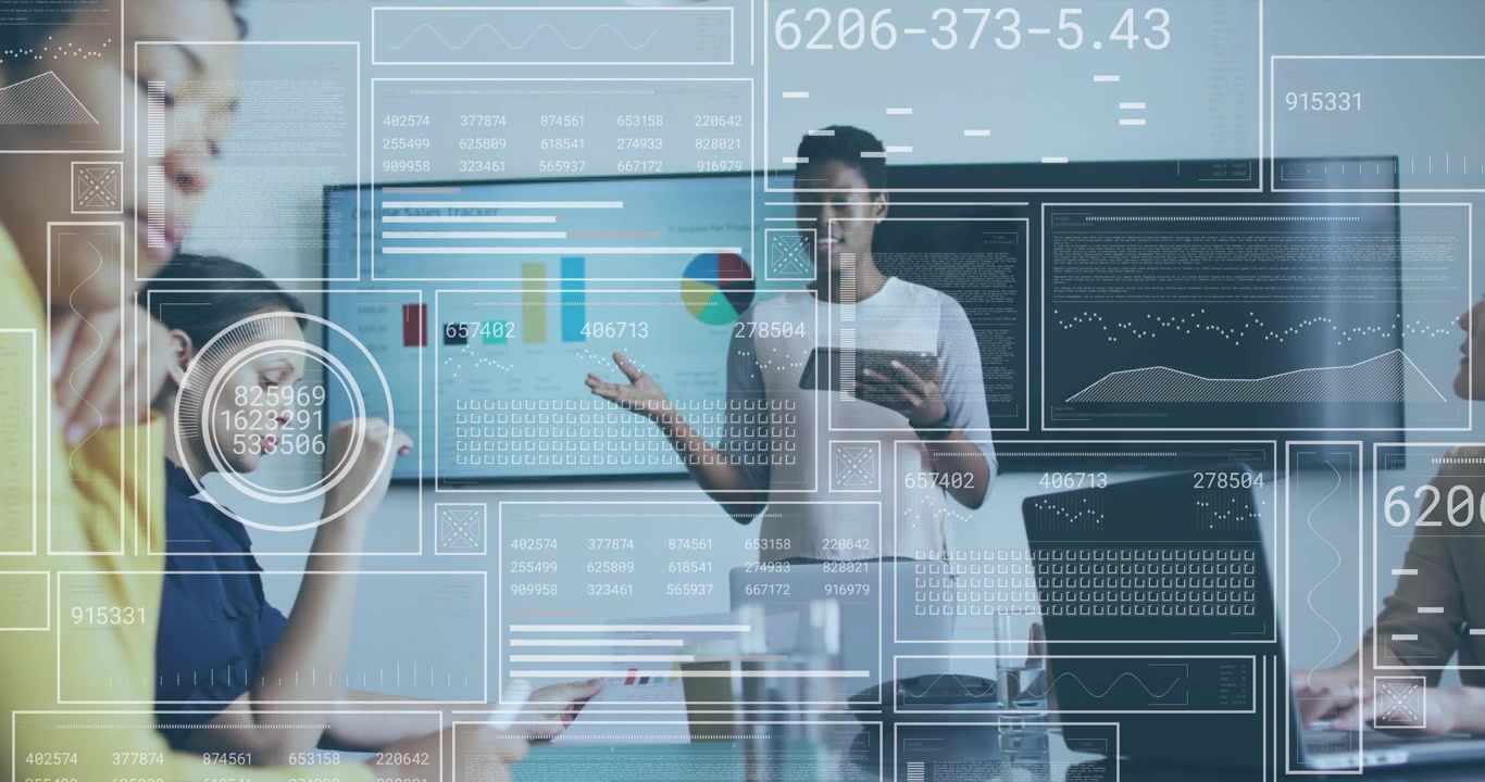 Female lead tapping tablet and pointing at bar and pie charts, causing HUD analysis for business