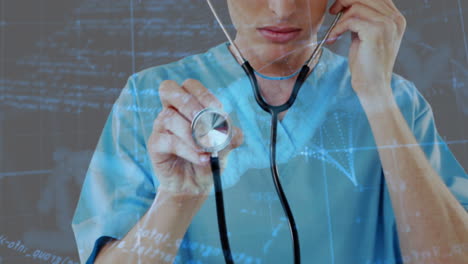 using stethoscope, healthcare professional analyzing medical data in hospital setting