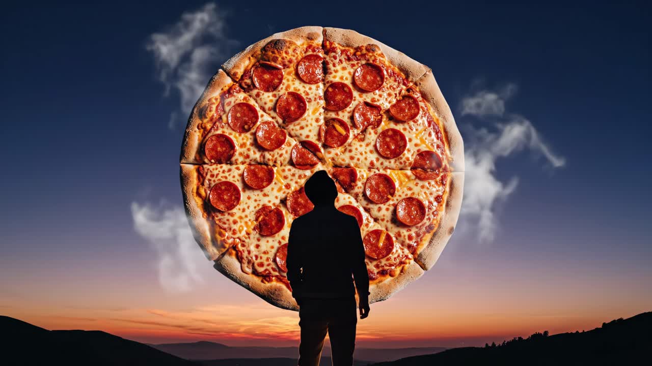 Silhouette of a man looking at a giant pepperoni pizza at sunset