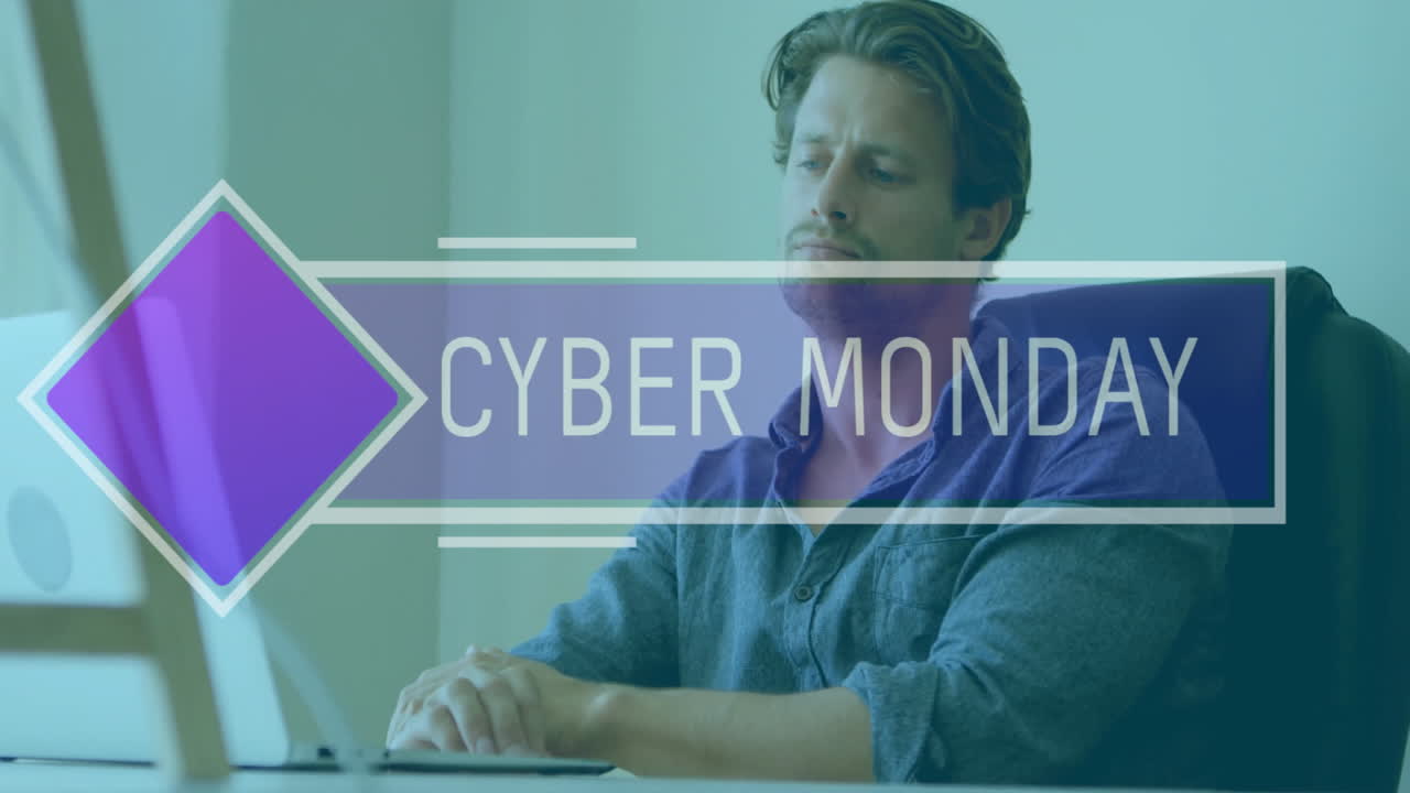 Typing on laptop, man working with Cyber Monday animation over screen