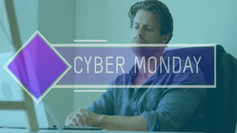escribiendo en una computadora portátil, el hombre trabajando con la animación de cyber monday sobre la pantalla
