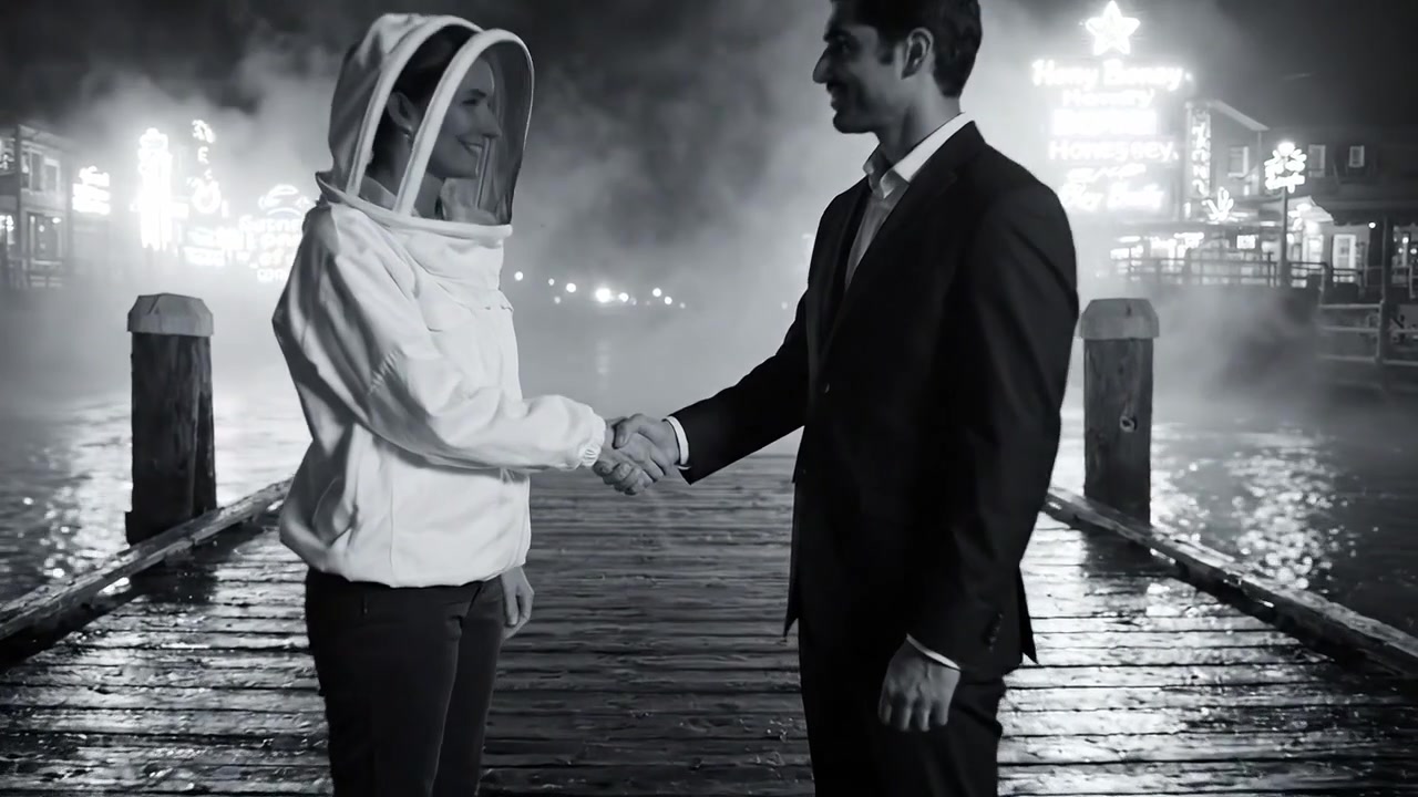 A Dramatic Encounter: A Man in a Suit and a Figure in a Protective Hood Stand on a Foggy Pier, Engaging in a Tense Conversation Against a Blurred Urban Backdrop