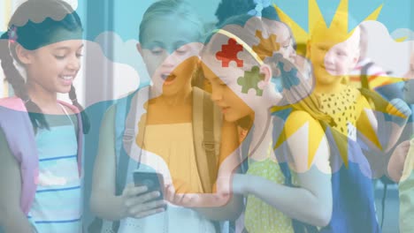 animación de piezas de rompecabezas y nubes sobre diversos escolares usando teléfonos inteligentes