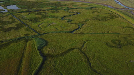 disparo aéreo de drones volando sobre marismas verdes en el norte de norfolk, reino unido