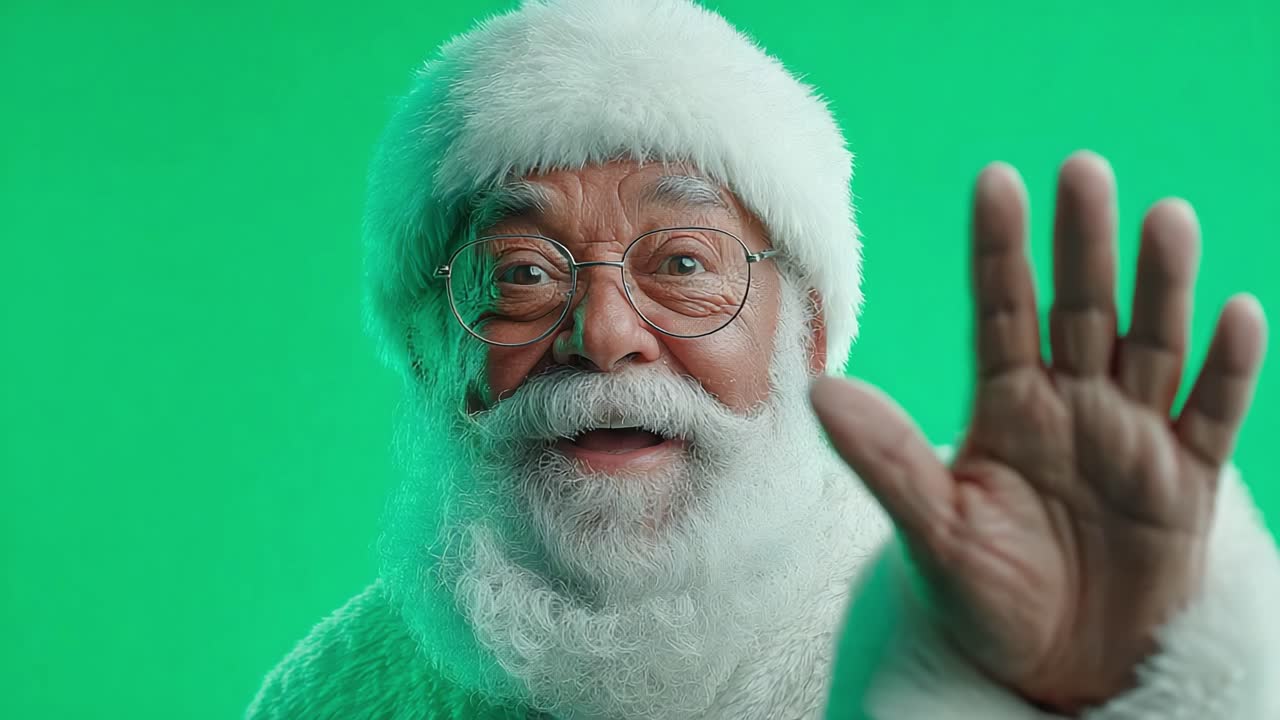 A Cheerful Santa Claus Waves Warmly with a Big Smile Against a Bright Green Background, Spreading Holiday Spirit and Joy in a Fun, Whimsical Atmosphere