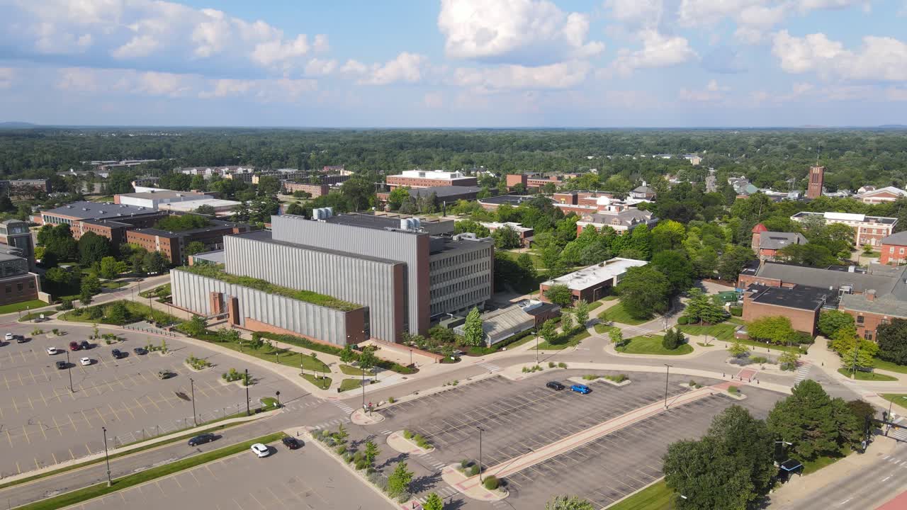 Mark Jefferson Science Complex building in panning drone shot
