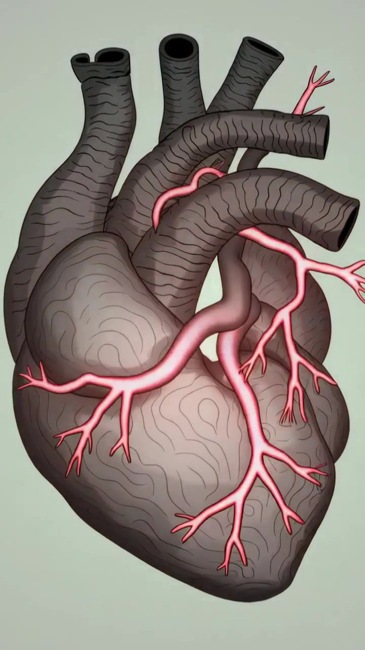 Video verticale: Mostrando un cuore che si affievolisce da una scintilla al verde su uno sfondo grigio, aorta e vasi che perdono segnale.