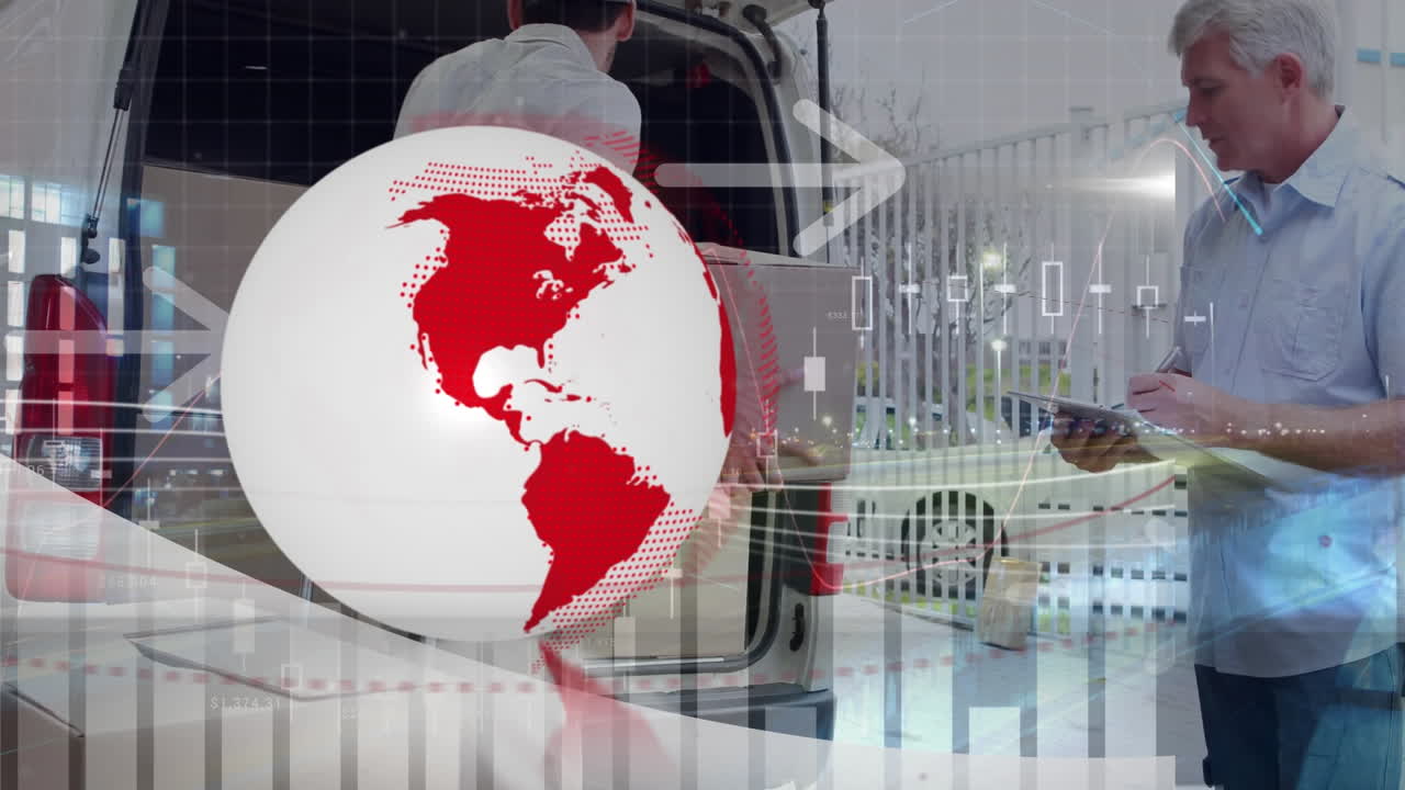 анимация глобуса соединений с стрелкой над доставщиком с картонной коробкой