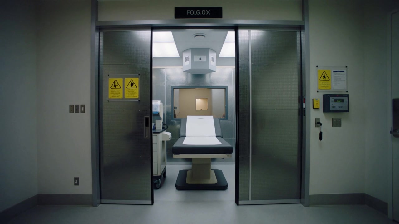 Porte scorrevoli rivestite di piombo che rivelano un lettino per pazienti e un portale in una sala di radioterapia, mostrando segnali di pericolo