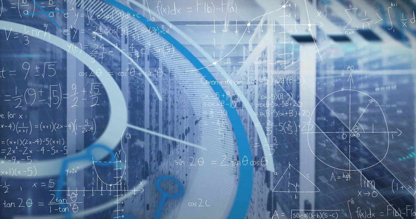 Complex Mathematical Formulas Animated Over a Data Center