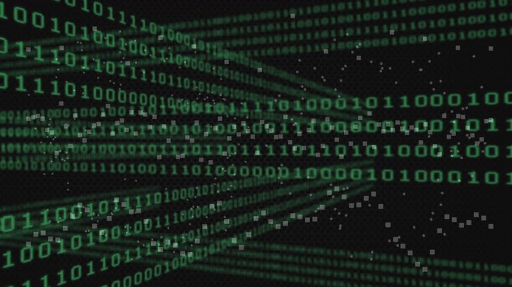 Animation of binary coding and data processing over dark background