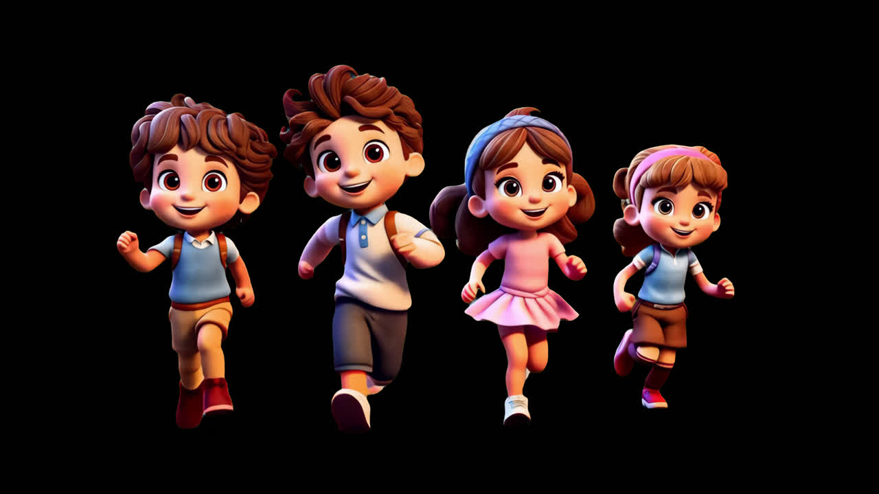 Bambini animati gioiosi che corrono, animazione isolata, risorsa, video 4K trasparente, canale alfa