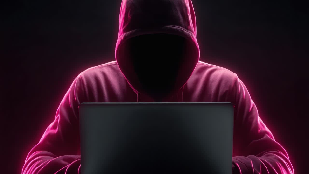 Una figura misteriosa e ombrosa, vestita con una felpa con cappuccio, siede davanti a uno schermo luminoso di computer, incarnando l'essenza della segretezza digitale e del crimine informatico