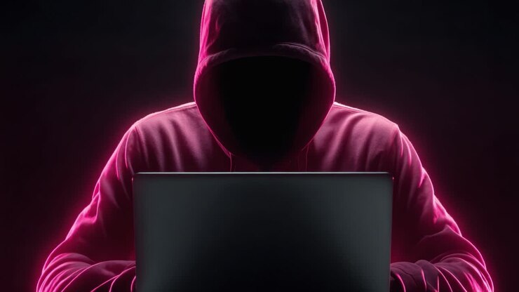 Una figura misteriosa e ombrosa, vestita con una felpa con cappuccio, siede davanti a uno schermo luminoso di computer, incarnando l'essenza della segretezza digitale e del crimine informatico