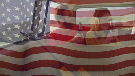 in van, couple with drinks, american flag animation overlaying background