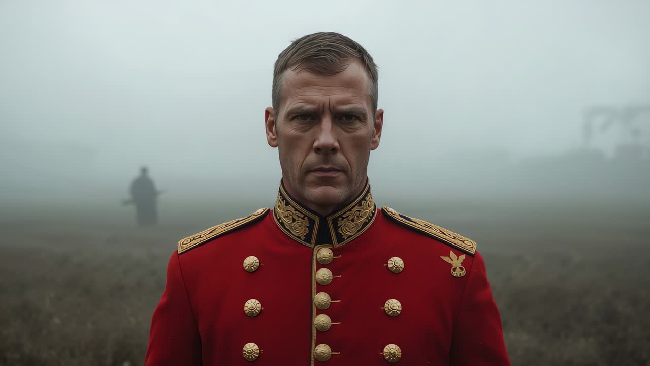 Reacting to movement red coat officer turning head toward receding figure on misty field, with case