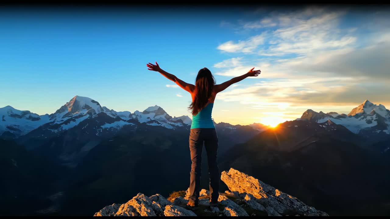 Woman Celebrating on Mountain Top at Sunset