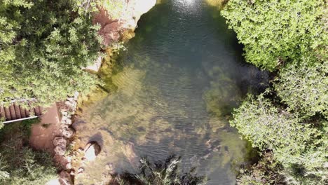 Vigario-Falls-in-Alte-near-Albufeira,-in-Algarve,-Portugal---Rocket-bird's-eye-view-Aerial-shot