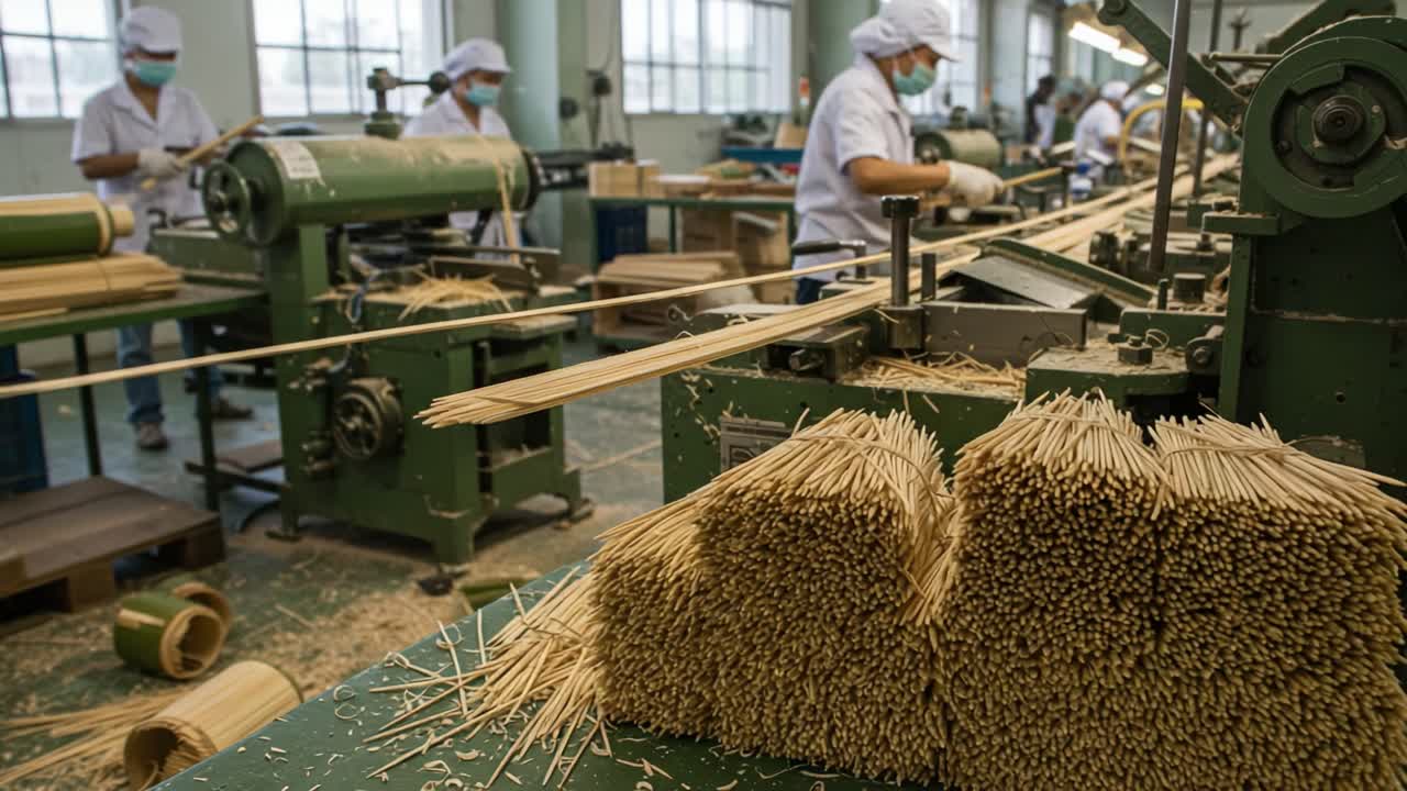 An Insight into the Craftsmanship of Skewer Manufacturing: Workers Efficiently Operating Machinery in a Production Facility Surrounded by Baskets of Finished Products