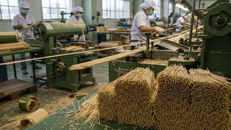 Uno sguardo all'artigianalità nella produzione di spiedini: operai che utilizzano macchinari in modo efficiente in un impianto di produzione circondato da ceste di prodotti finiti