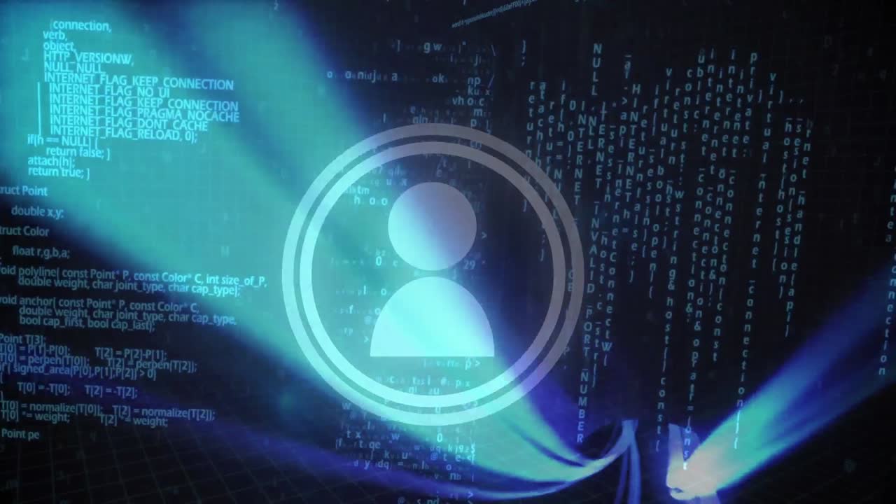 animación de rastros de luz e icono sobre el procesamiento de datos en fondo negro