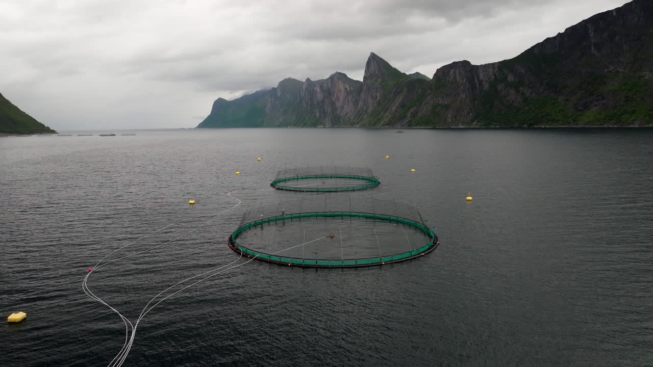 Drone flying over salmon farm in Norwegian fjord, Senja, Norway. Aerial backward