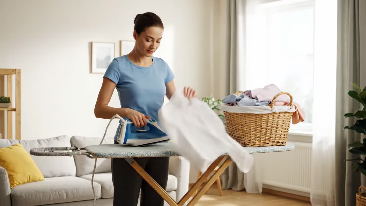 Woman ironing clothes at home