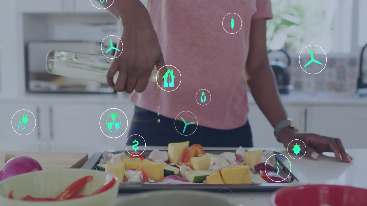 Home cook tilting bottle pouring oil over tray roasting veg, green icons circling hand bottle tray