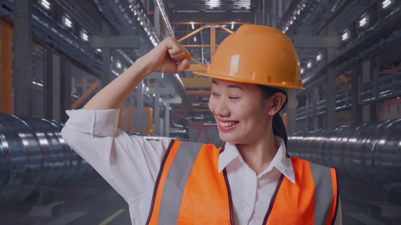Close Up Of Asian Female Engineer With Safety Helmet Flexing Her Bicep And Smiling To Camera While Standing With Metal Pipes