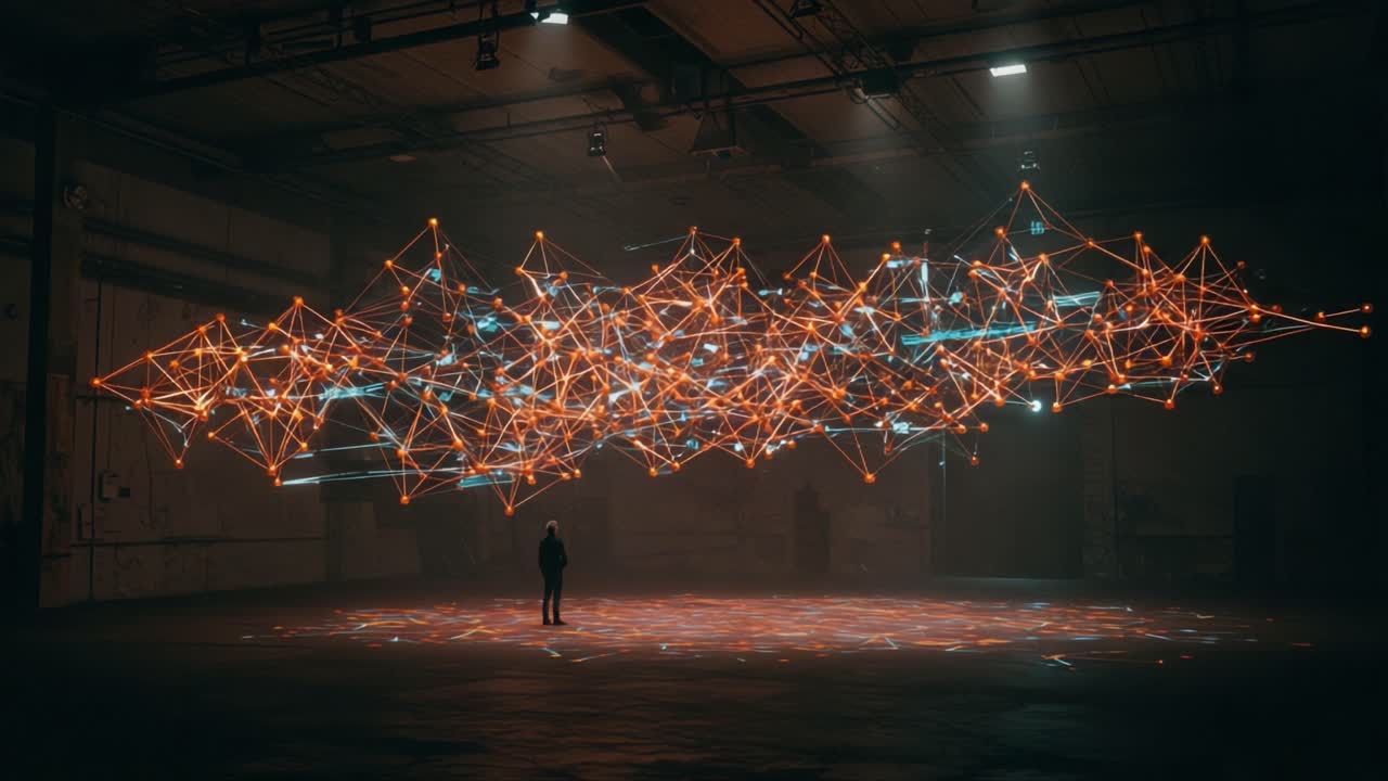 A mesmerizing display of interconnected nodes and vibrant light formations suspended in a spacious industrial setting, showcasing the intersection of art and technology