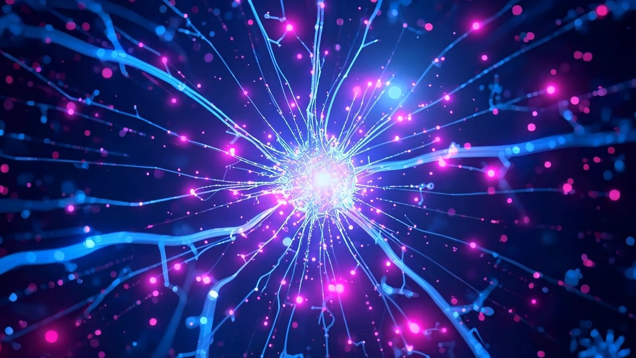 Un nodo centrale che si illumina reagisce a un'ondata, inviando filamenti blu e particelle rosa in un campo scuro.