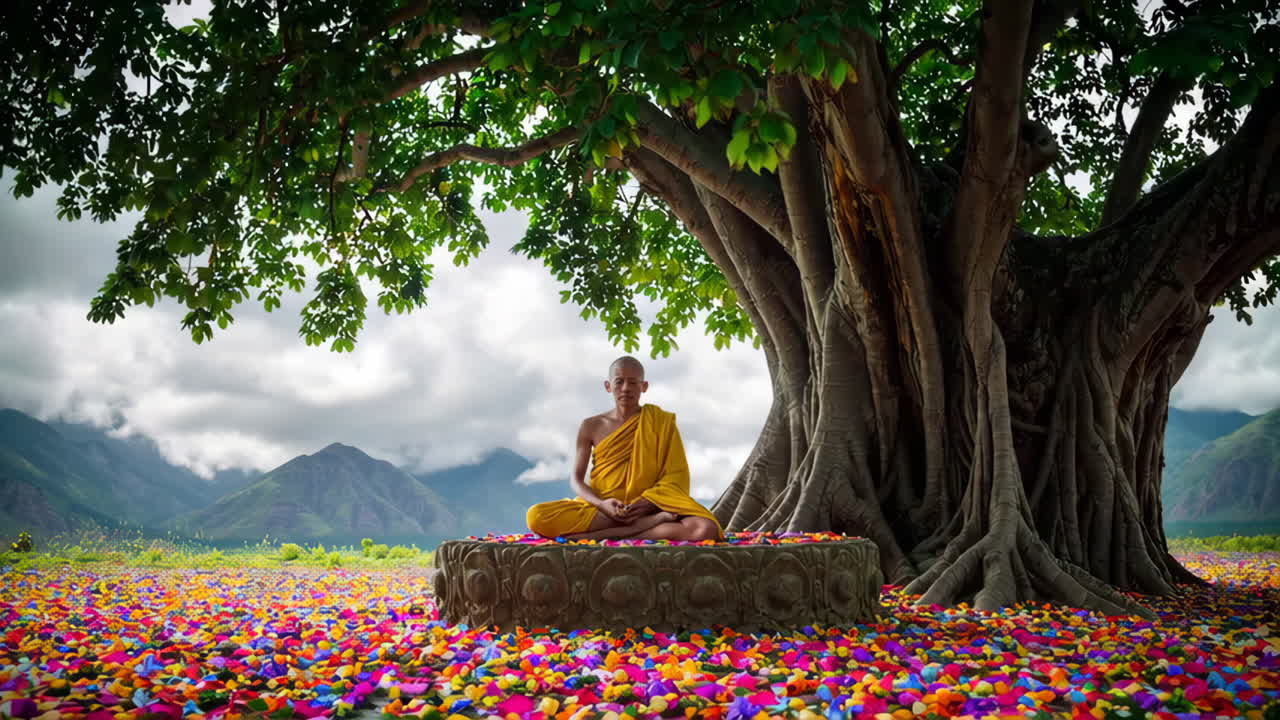 Buddhist Monk Meditating Under a Large Tree