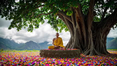 buddhist monk meditating under a large tree