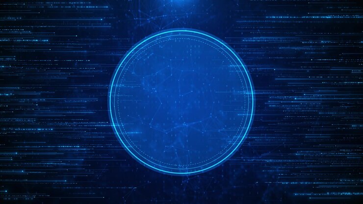 Blue circular data interface background glowing ring frame streaks network points dark technology