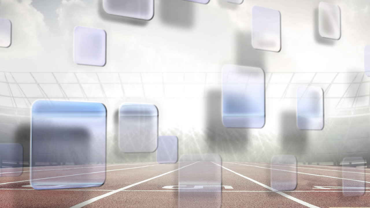 Animation af digitale skærme, der bevæger sig over racerbaner på et sportsstadion.