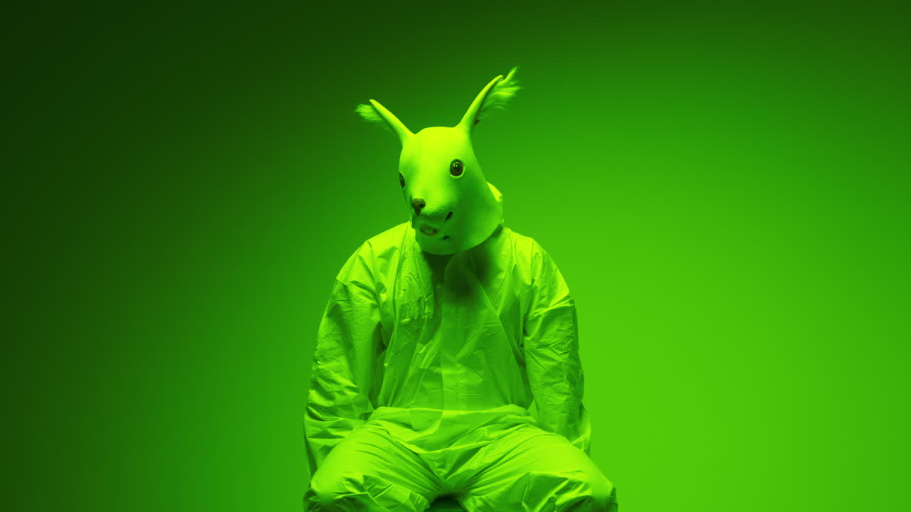Person in Green Hazmat Suit with Animal Mask