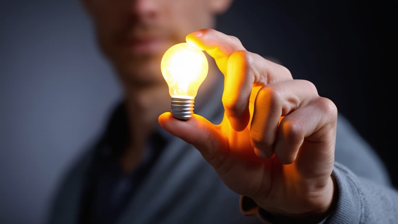 A person holds a glowing light bulb in hand, showcasing creativity, inspiration, and illumination against a dark background. The light represents bright ideas and innovation
