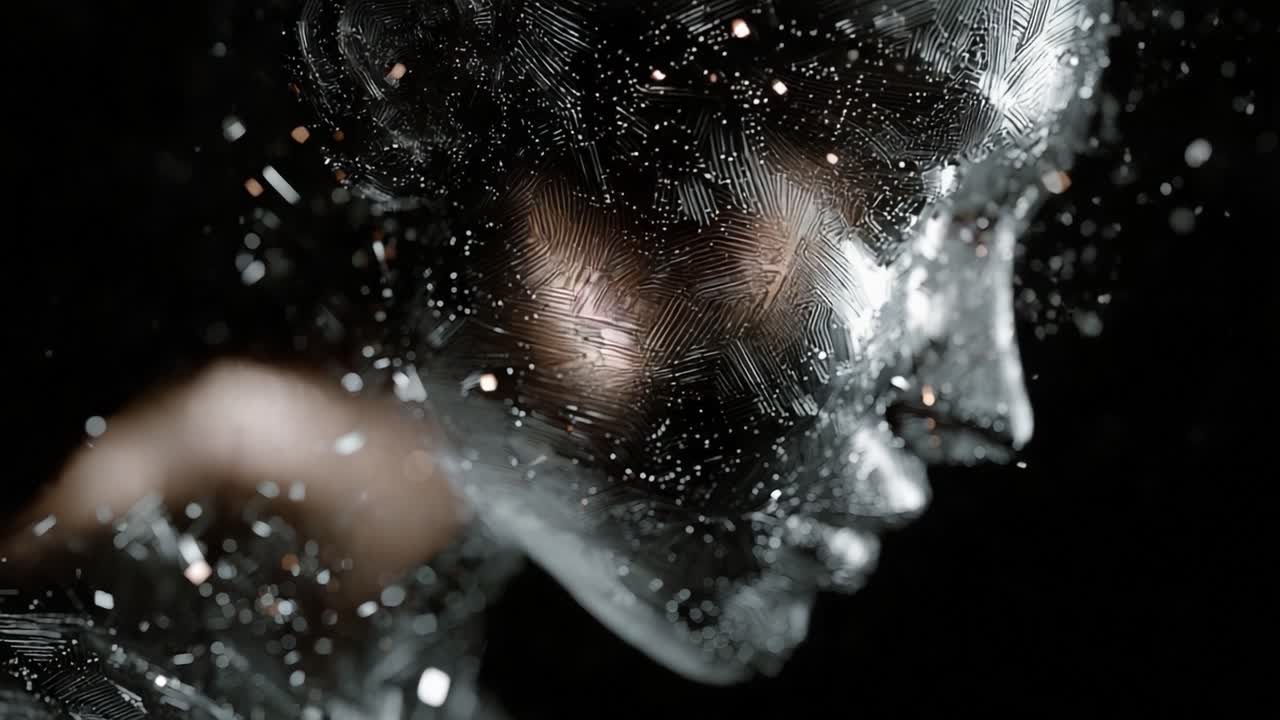A mesmerizing exploration of a fragmented human figure, intricately designed with shimmering details against a dark backdrop, highlighting themes of identity and transformation