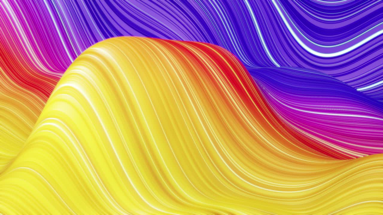 Beautiful abstract background of waves on surface, color gradients, extruded lines as striped fabric surface with folds or waves on liquid. 4k loop. Glow lines 1