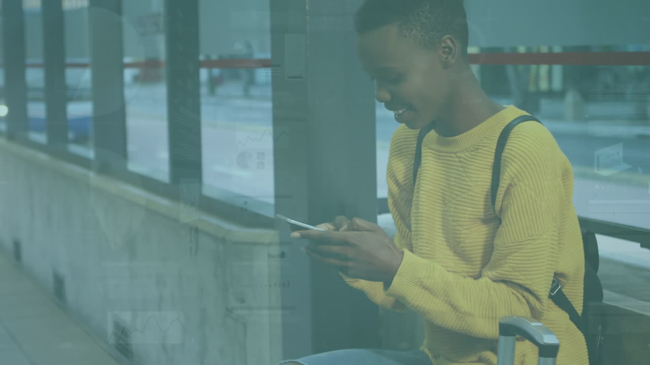 Animation of statistics processing over smiling woman using smartphone