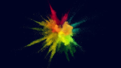 super slow motion of colored powder explosion isolated on dark background.