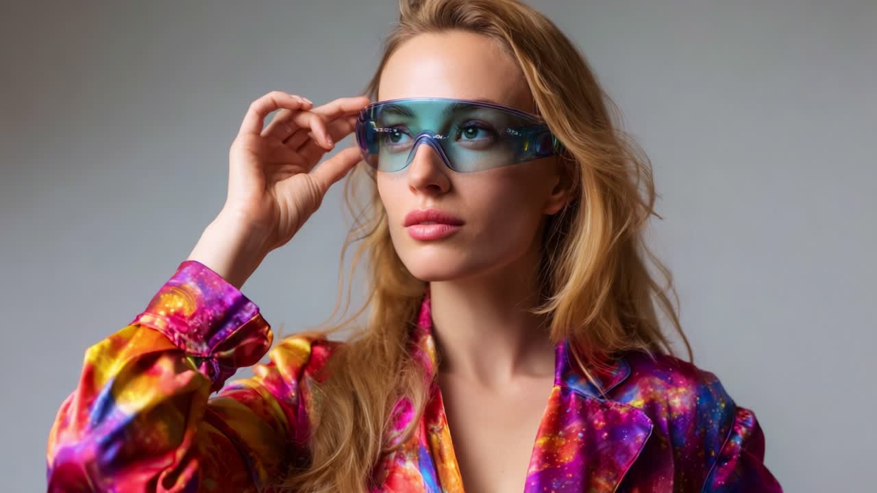 Modella alla moda che indossa una giacca colorata e occhiali da sole, in posa sicura per esprimere energia alla moda in studio con illuminazione soffusa e sfondo minimalista