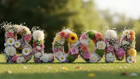 a stunning floral arrangement spelling 'bloom', adorned with colorful flowers that celebrate spring’s beauty and vibrancy in a lush green setting
