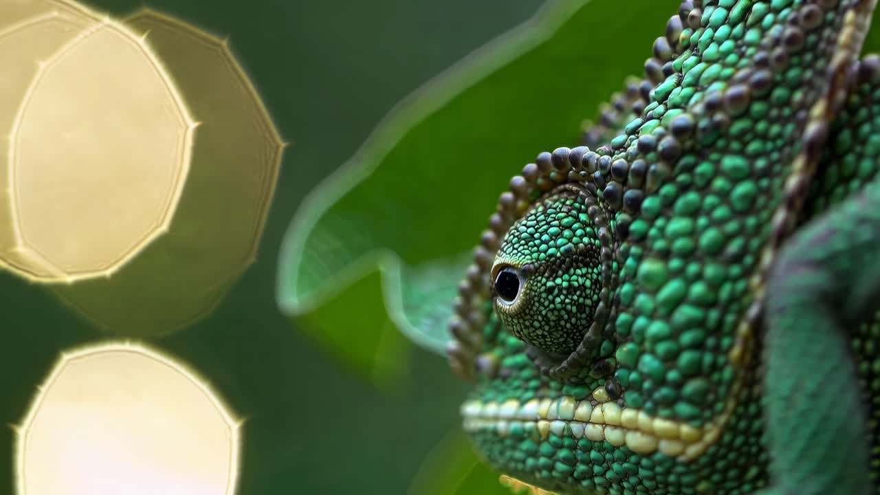 Close-up side view of a chameleon in a nature video, highlighting its textured skin and eye