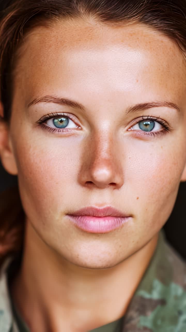 Un primo piano di una giovane donna determinata in tenuta militare, che mette in mostra lineamenti decisi e occhi intensi con un'espressione concentrata