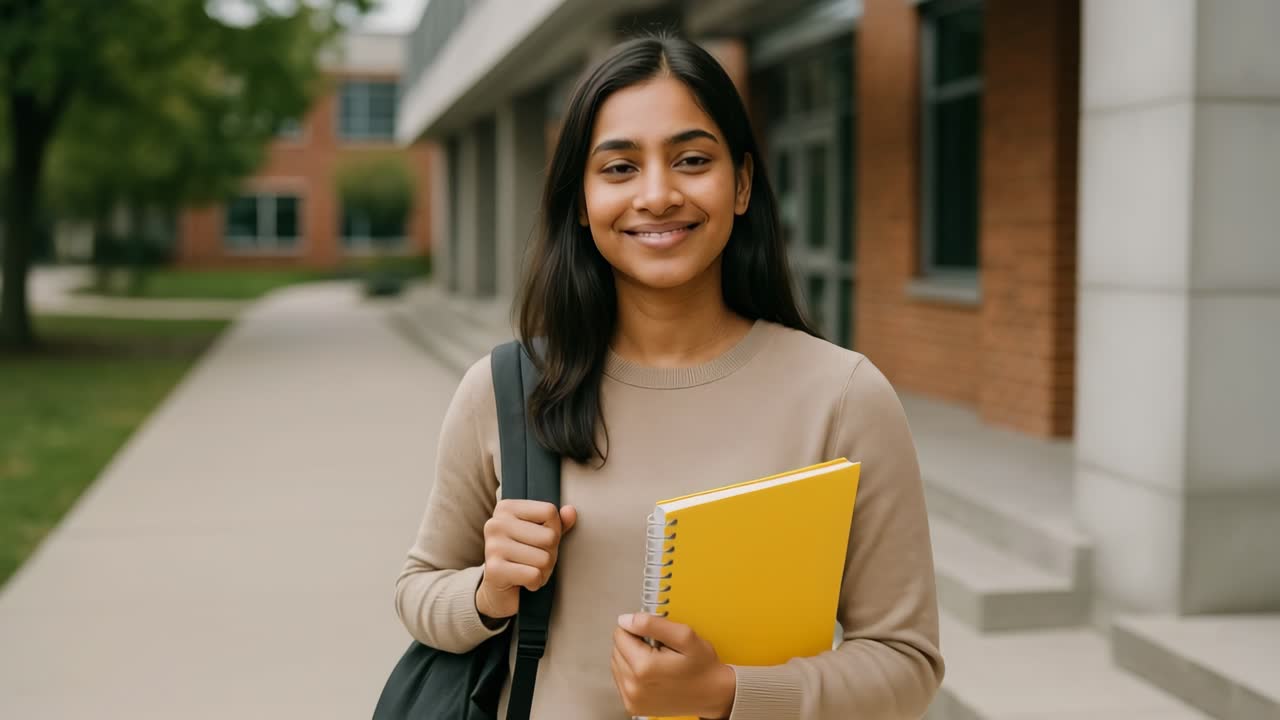 A young woman with a backpack and notebook smiles confidently outdoors