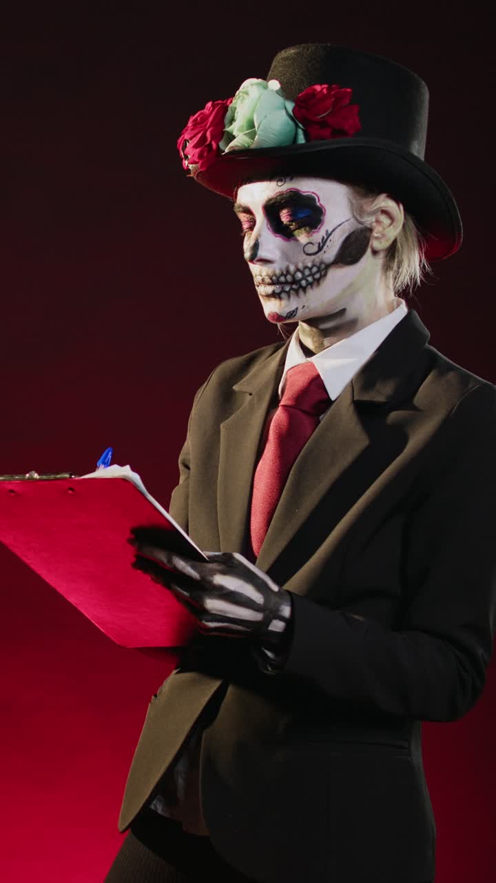 Vídeo vertical: modelo de Dios de los muertos fazendo anotações em papéis