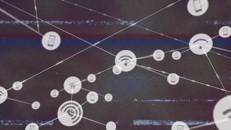Animation af glitch-effekt over netværk af digitale ikoner mod grå baggrund